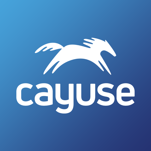 Cayuse logo, black background with white horse silhouette in front